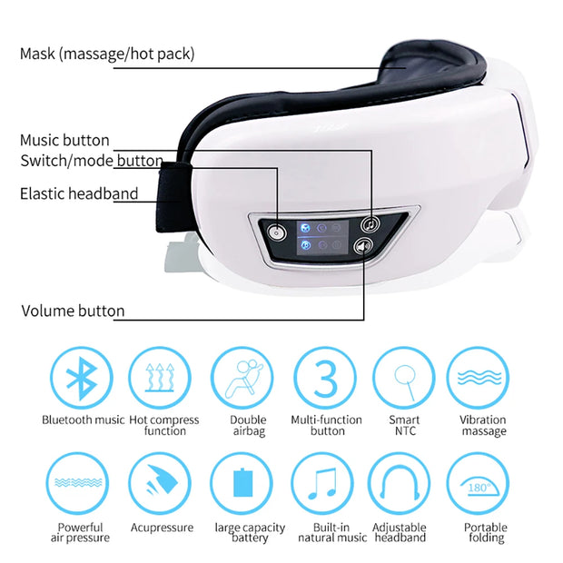 6D Smart Vibration Eye Massager Hot Airbag Compress Bluetooth Music Eye Massage Sleep Mask Eye Relax Fatigue Eye Care Instrument